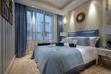 现代清新卧室蓝白窗帘室内装修效果图
