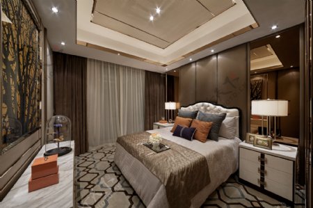 现代时尚卧室浅褐色花纹地毯室内装修效果图