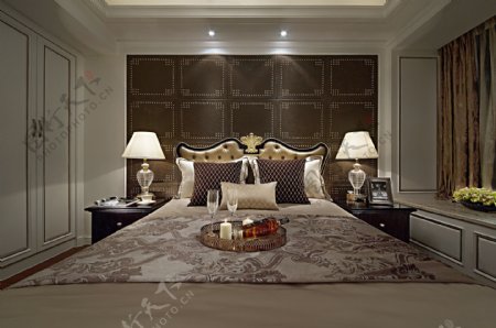 现代时尚卧室深褐色背景墙室内装修效果图