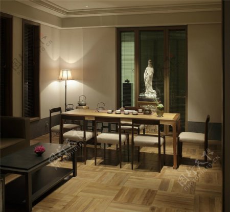 中式素雅客厅陶瓷雕像室内装修效果图