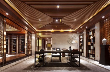 新中式时尚客厅横条纹吊顶室内装修效果图