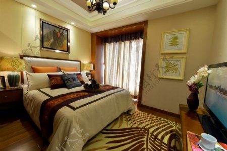 现代时尚卧室金色地毯室内装修效果图