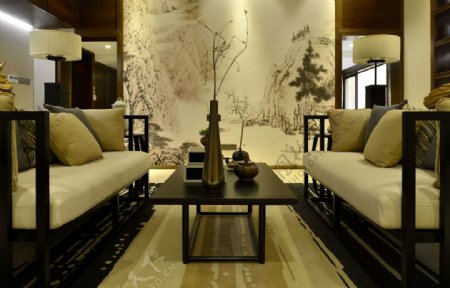 别墅客厅中式古典实木风格客厅茶几效果图