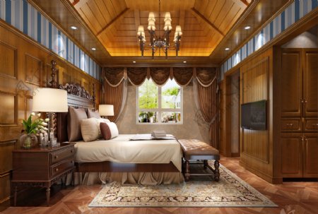 美式大户型卧室褐色背景墙室内装修效果图