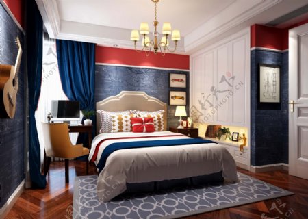 美式时尚卧室深蓝色窗帘室内装修效果图