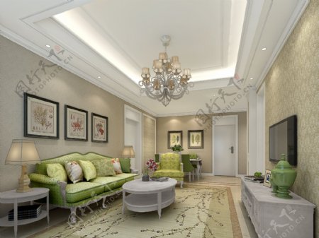 美式清新客厅绿色沙发垫室内装修效果图