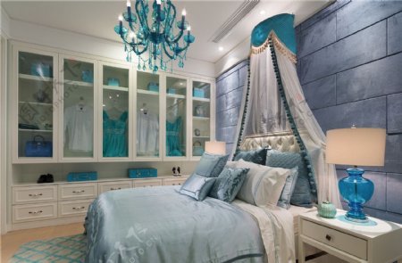 蓝色卧室古典效果图