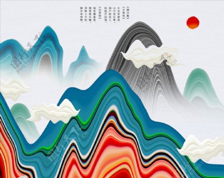 新中式抽象色彩三联装饰画