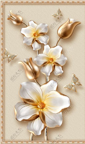 3D立体奢华金色花朵珠宝玄关