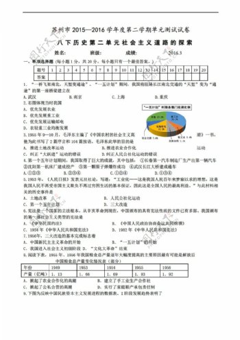 八年级下册历史江苏省苏州市20152016学年八下第二单元社会主义道路的探索测试卷2016.3