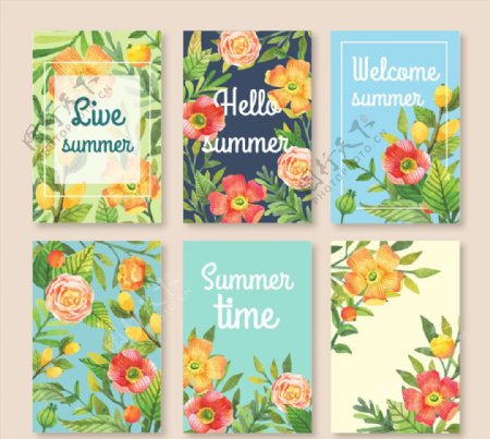 6款彩色夏季花卉卡片矢量素材