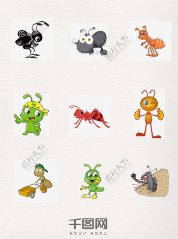 一组可爱勤劳的蚂蚁图案装饰元素