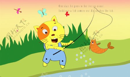猫咪钓鱼卡通插画