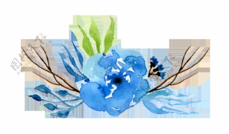 蓝色水墨植物卡通水彩透明素材