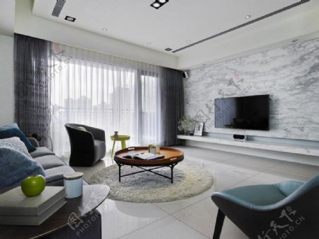 现代透亮客厅灰色电视背景墙室内装修效果图