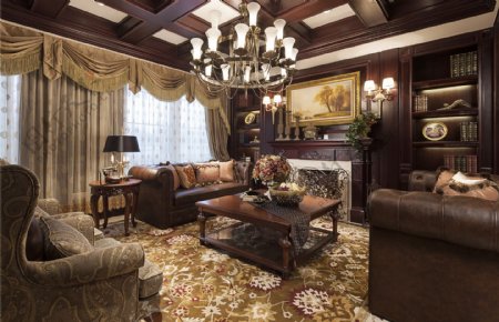 中式奢华客厅褐色沙发室内装修效果图