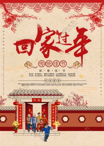2018年红色新春回家过年节日海报设计
