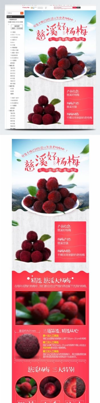 天猫电商淘宝杨梅零食水果类红色详情页模板
