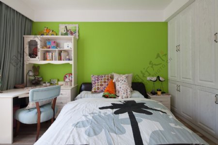 现代时尚黄绿色背景墙卧室室内装修效果图