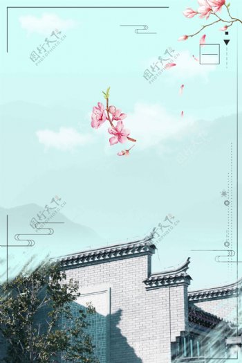 中国风建筑花瓣背景