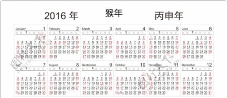 2016年猴年年历矢量素材日历