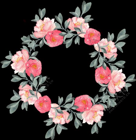 清爽深粉色玫瑰花手绘花环装饰元素