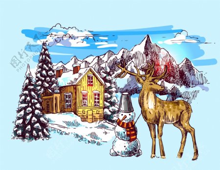手绘冬天里的驯鹿和雪人插画