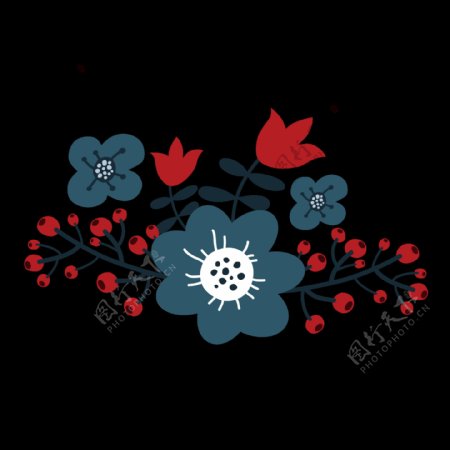 手绘野果红花蓝花透明花朵素材