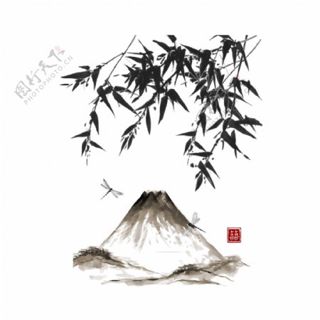 中国风黑色竹叶水墨山水装饰元素