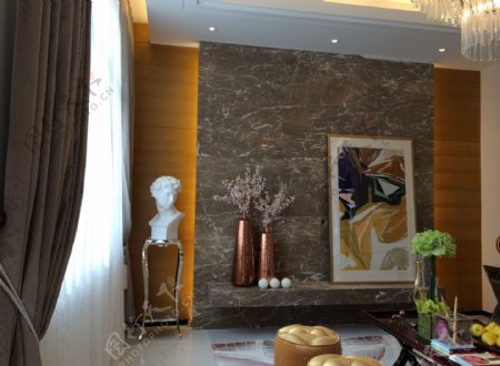 中式客厅灰色花纹电视背景墙装修效果图