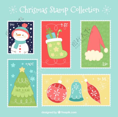 6款彩绘圣诞邮票矢量素材