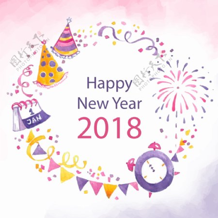 手绘2018新年粉红素材
