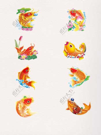 8款元旦节日素材年年有余手绘招财鱼