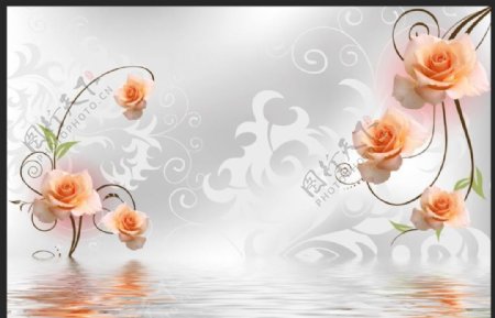 水中欧式花纹月季玫瑰水影背景墙