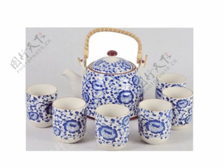 雅致蓝色花纹陶瓷茶具产品实物