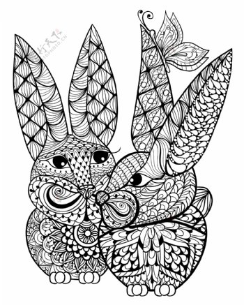 两只可爱的花纹兔子插画