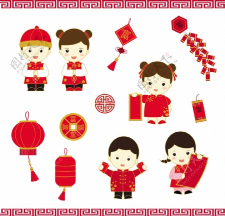 红色喜庆卡通春节拜年元素设计