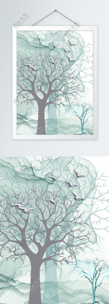 淡雅灰蓝色树木客厅装饰画