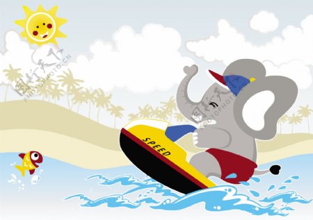 开心欢乐海上冲浪大象儿童插画