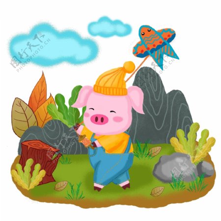 猪年动物猪手绘可爱放风筝的小猪卡通插画