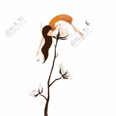 卡通手绘女孩在棉花树上原创元素