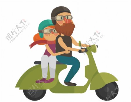 手绘情侣骑摩托车元素