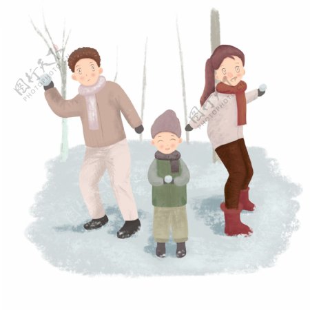 手绘打雪仗场景插画素材图案可商用