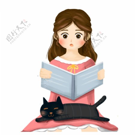 卡通可爱看书的女孩和睡觉的猫可商用元素