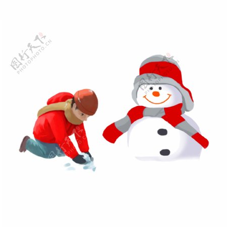 玩雪的小男孩和雪人设计可商用元素
