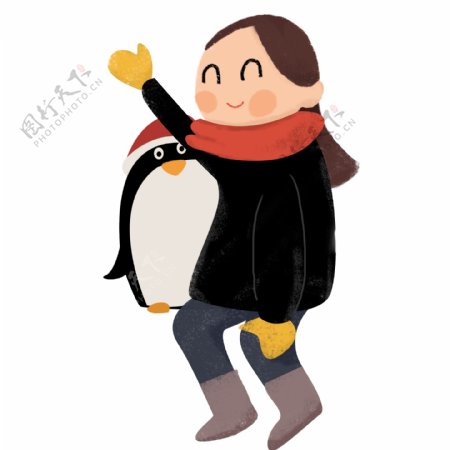 可爱女孩抱着企鹅玩偶原创元素