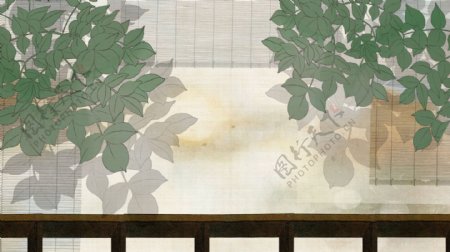 卷帘绿叶栏杆中国风背景