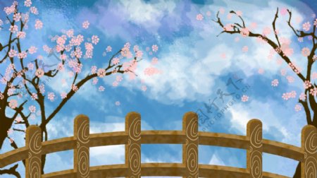 粉色桃花桥栏杆蓝天背景