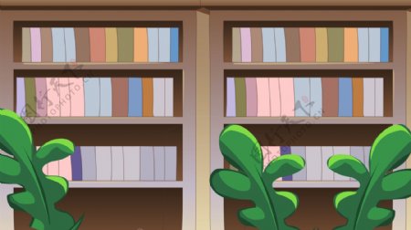 彩色摆放整齐的书本书架绿叶背景