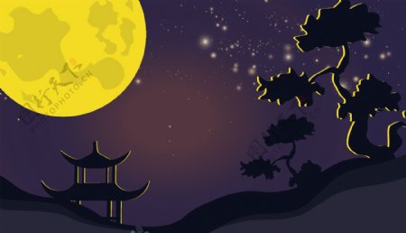 卡通手绘中秋节明月高挂插画背景设计
